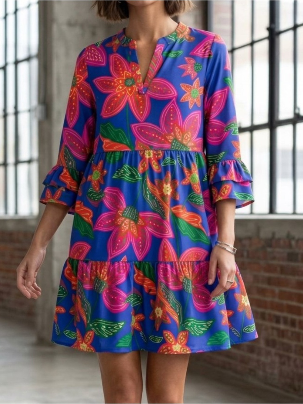 Mary Square Victoria Dress UPF 50+ Pink Blue Botanical 3/4 Sleeve Resort